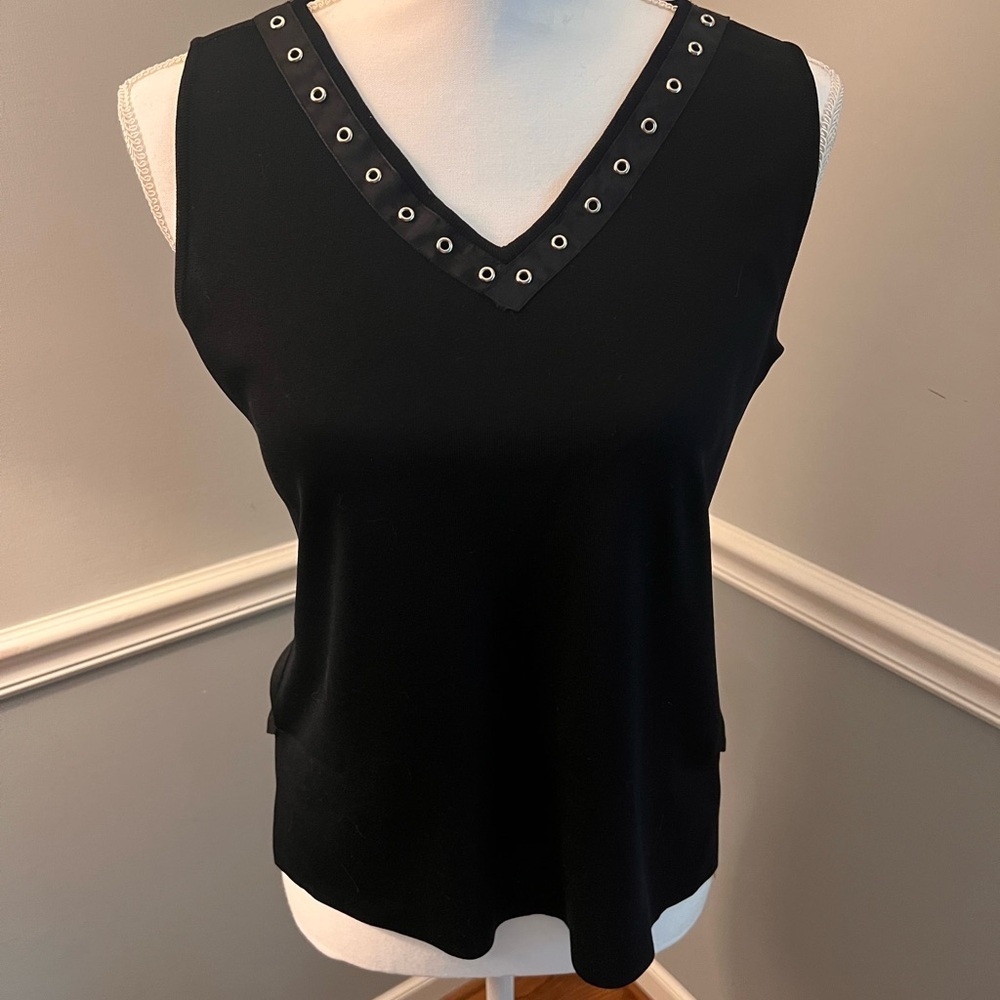 Misook Black Sleeveless V-Neck Tunic Top W/ Grommet Detail | Size Small